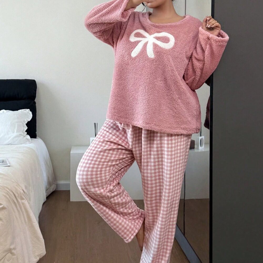 Dusty Pink Casual Women's Fleece Pajama Set